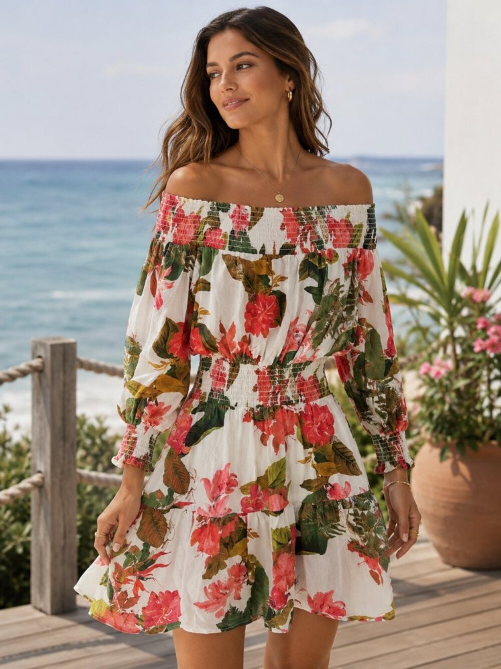 Gianni Bini Women's Medium Off Shoulder Floral Smocked Mini Dress Tropical